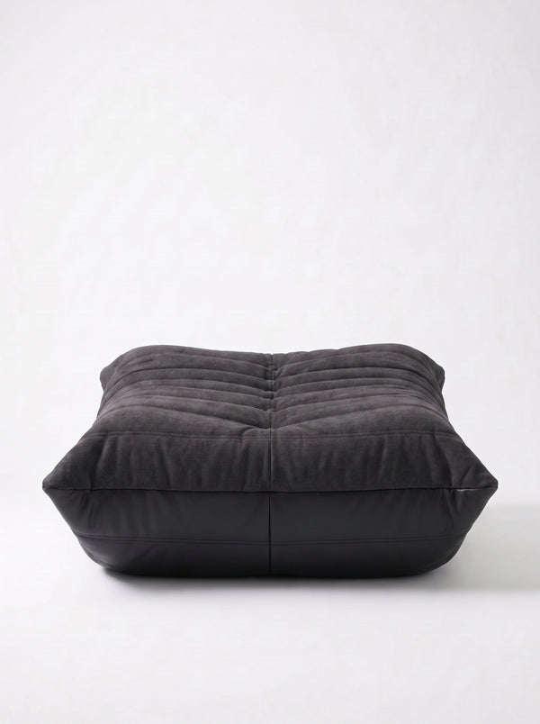 Pouf Ottoman Relax Composé Minuit – Cuir Véritable et Lin, Édition Noire